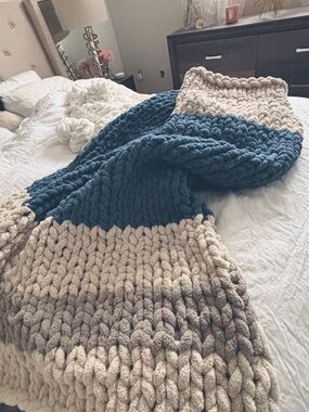 Chunky Hand Knit Blue and Cream Striped Chenille Throw Blanket